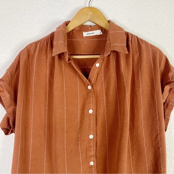 Mod Ref Orange Striped Linen Cotton Button Front Blouse Top - Picture 2 of 7